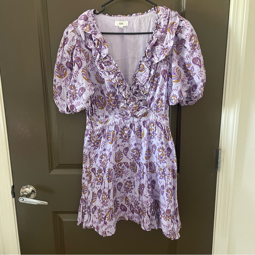 Rahi Purple Floral Puff Sleeve Ruffle V-Neck Boho Mini Sundress Size Medium